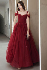 A Line Prom Dress Sweetheart Neck Burgundy Long Evening Dress